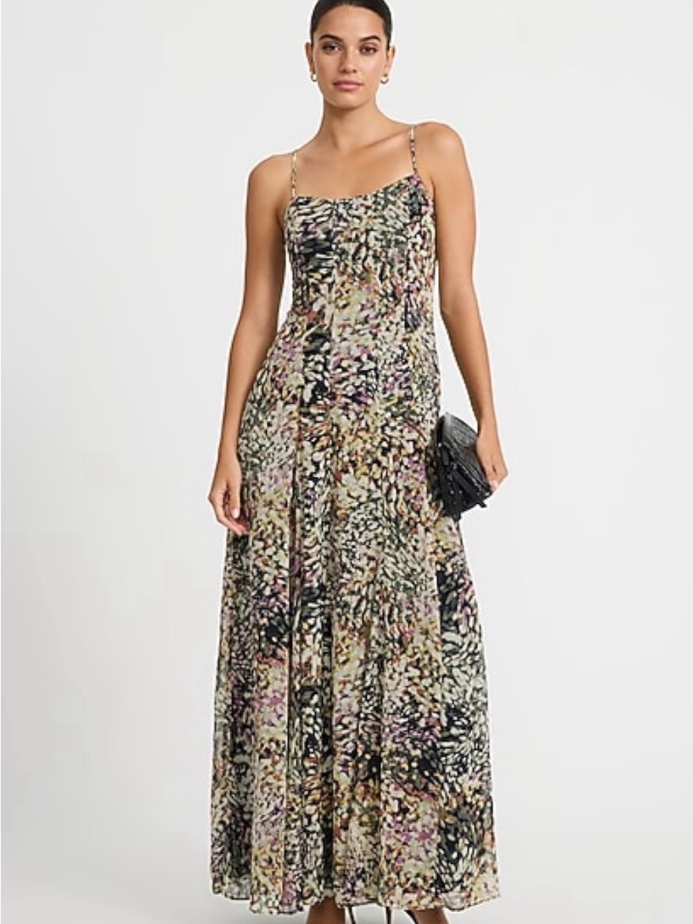 Chiffon Printed Scoop Neck Seamed Maxi Dress with Pockets